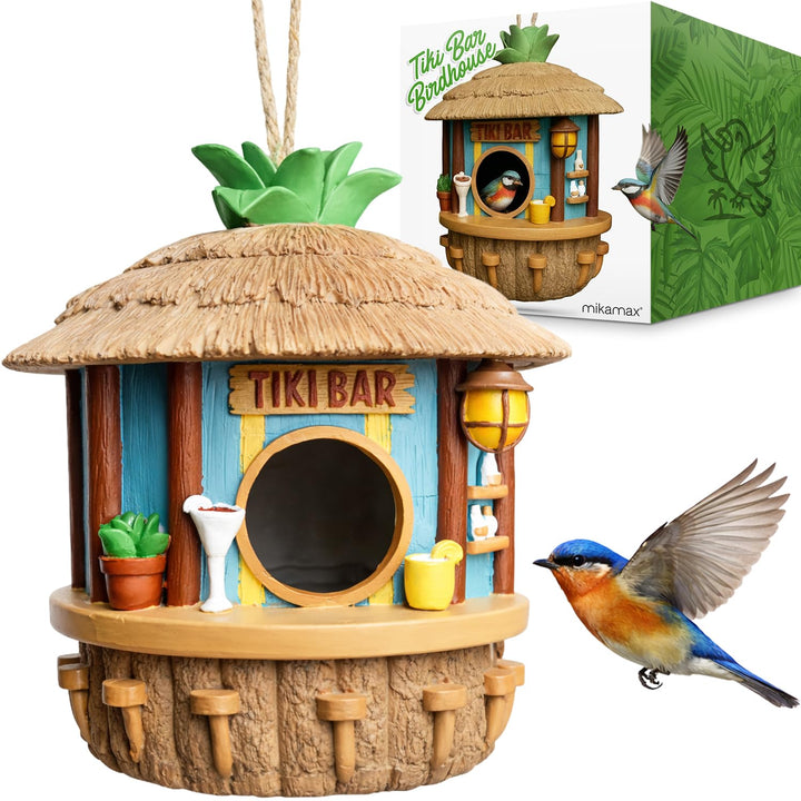 MikaMax Tiki Bar Vogelhaus - Hängendes Vogelhaus - Für Kleine Vögel - Tropische Gartendeko - Wetterf