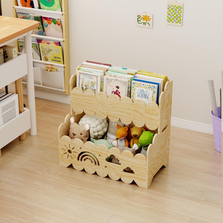 2-stöckiges Kinderbücherregal aus Holz, Montessori-Bücherregal | Geeignet für Kinderzimmer, Kinderga
