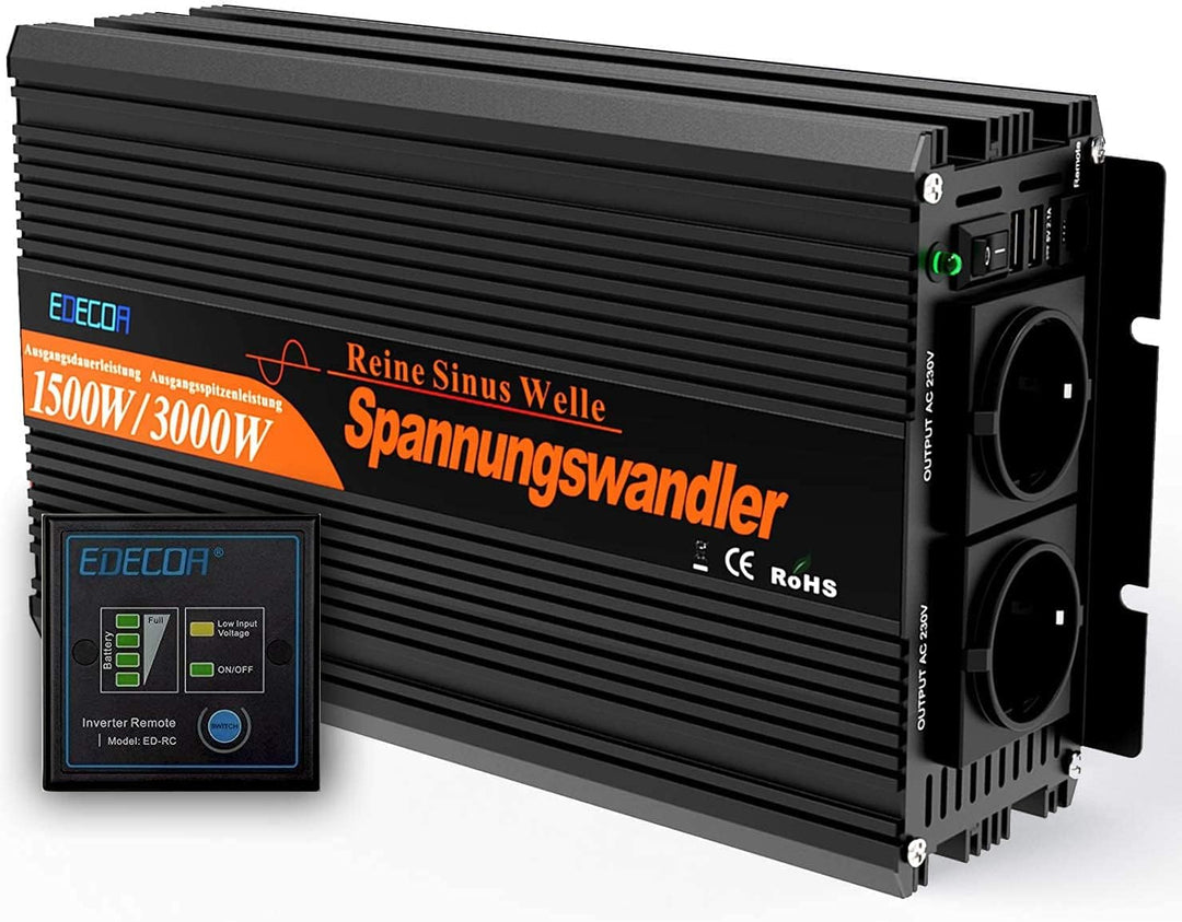 EDECOA Wechselrichter 12v auf 230v Reiner Sinus 1500w Wohnwagen Spannungswandler 2X USB und Fernbedi