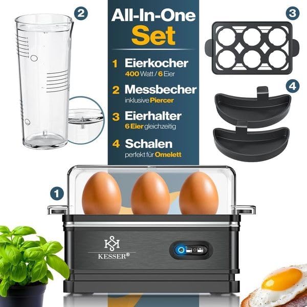 KESSER® Eierkocher für 1 bis 6 Eier elektrisch aus Edelstahl 400W & Warmhaltefunktion | Kipp-Funktio