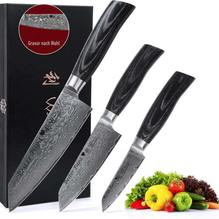 Wakoli EDIB Pro Black Damastmesser Set mit Gravur – Personalisiertes 3er Kiritsuke Messerset, 17cm,