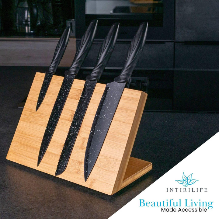 INTIRILIFE Magnetisches Messerbrett aus Bambus Braun 28 x 18 x 13.5 cm – Holz Messerblock mit Starke