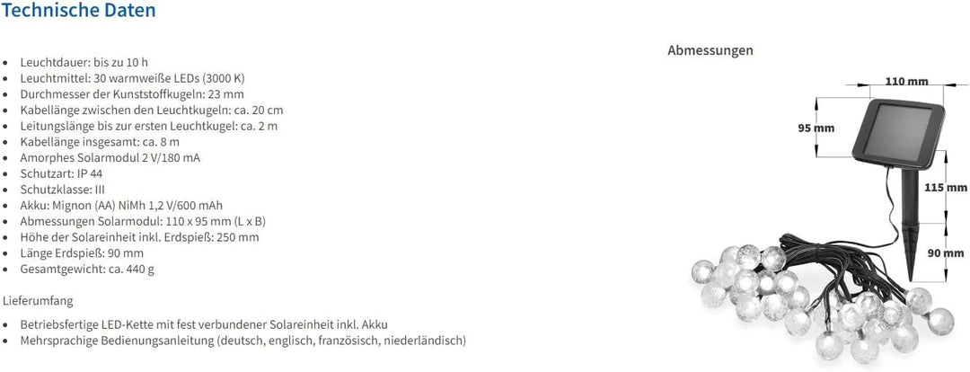 Esotec Solar Lichterkette Bubble Balls, 6m, 30 LEDs, warmweiss, Zuleitung 2m, Akku, Solarmodul, Erds
