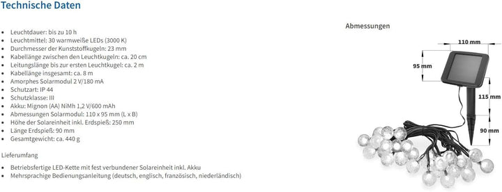 Esotec Solar Lichterkette Bubble Balls, 6m, 30 LEDs, warmweiss, Zuleitung 2m, Akku, Solarmodul, Erds