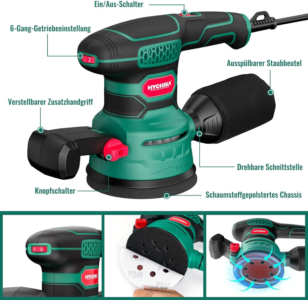 HYCHIKA 450W Exzenterschleifer 125mm, 6 Geschwindigkeiten 6000-12000OPM, effizientes Staubauffangsys