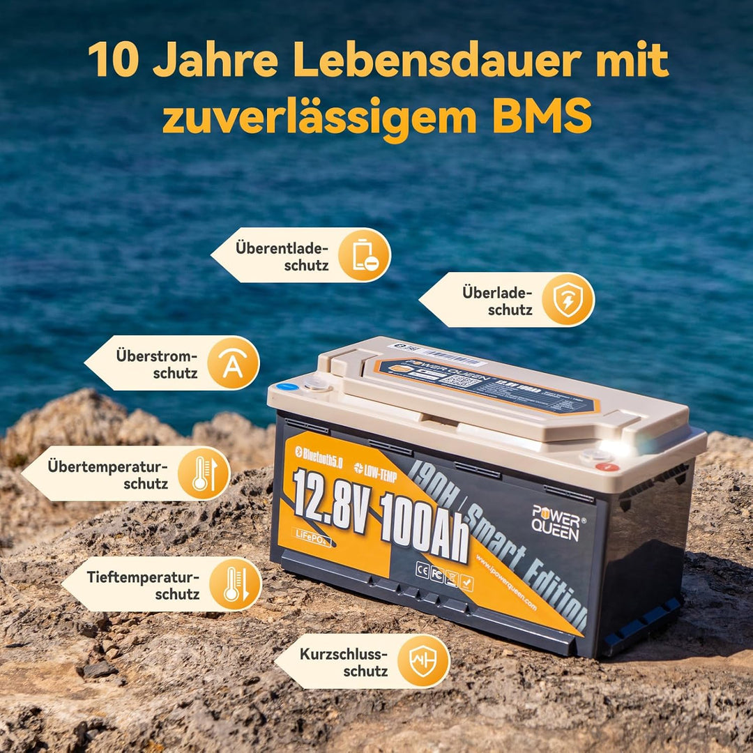 Power Queen 12V 100Ah H190 LiFePO4 Bluetooth Untersitzbatterie, 1280W Deep Cycles Lithium Batterie m