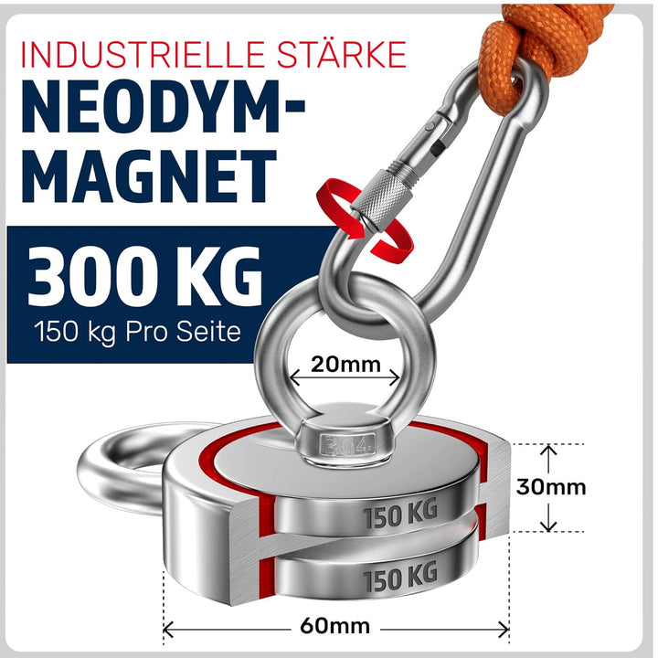 Magnetfischen Mega Set - 300 KG (2 x 150kg) - Ø60mm - Neodym Magnet mit 2 Seilen, Greifhaken & Hands
