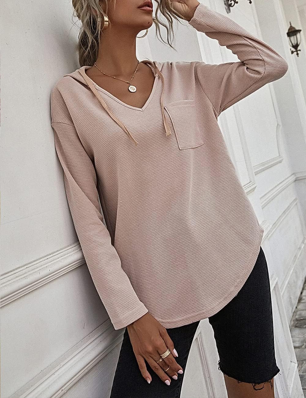 Cuptacc Pullover Damen Hoodie Langarm V Ausschnitt Pullover Sweatshirt Kapuzenpullover Einfarbig Dra