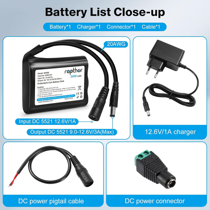 Rapthor Wiederaufladbarer 12V 2600mAh Lithium-Ionen-Akku mit Ladegerät, kompatibel mit 12V-Geräten,