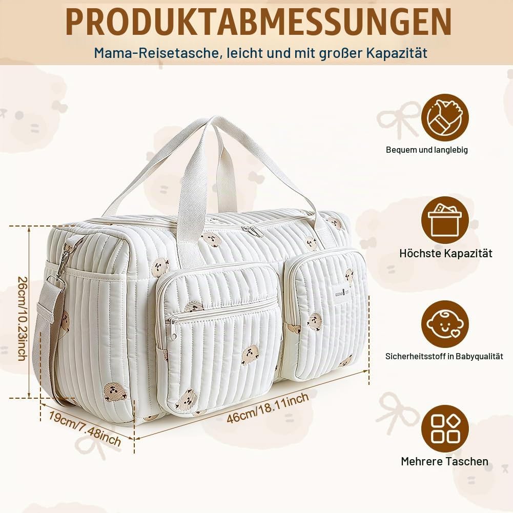 Grosse Wickeltasche Kliniktasche Geburt 48×22×26 cm – Baumwolle Baby Tasche mit Stickerei, Mama Tasc