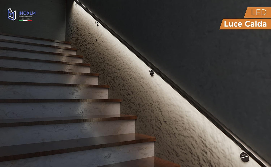 Treppengeländer aus Edelstahl mit LED naturweiss mehrfarbig (50 cm, Handlauf mit Vorrichtung für LED