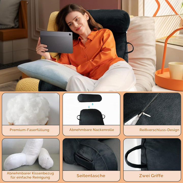 MINGPINHUIUS XL Lesekissen für Bett und Sofa mit Abnehmbarer Nackenrolle, Ideal Erwachsenen Rückenki