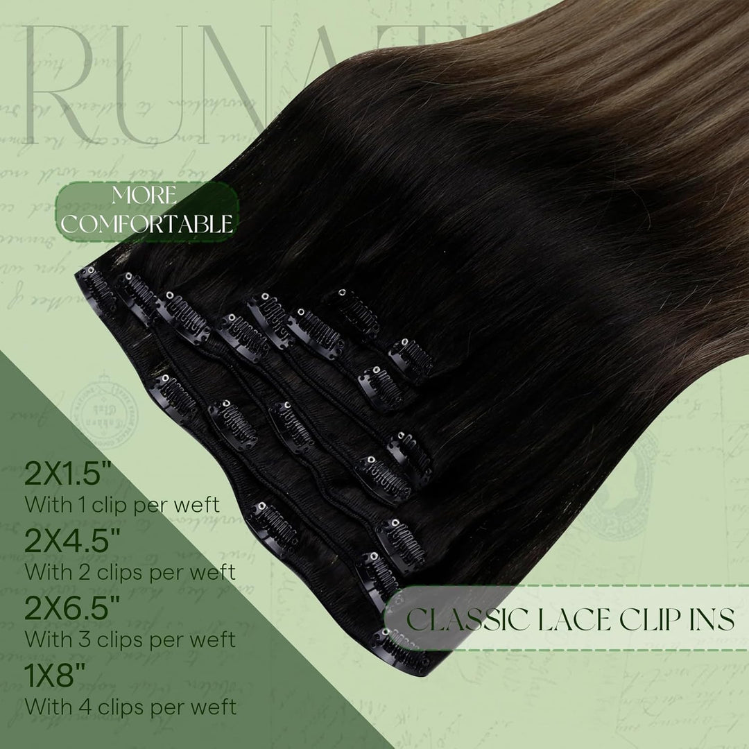 RUNATURE Echthaar Extensions Clip Schwarz Balayage 35cm 7pcs Ombre Glatt Echte Haare 120g #1b/4/27 #