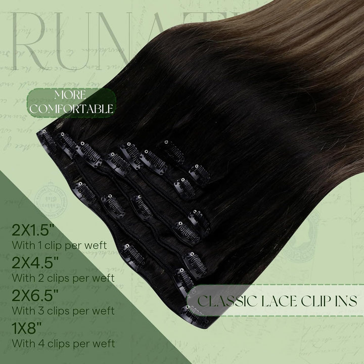 RUNATURE Echthaar Extensions Clip Schwarz Balayage 35cm 7pcs Ombre Glatt Echte Haare 120g #1b/4/27 #