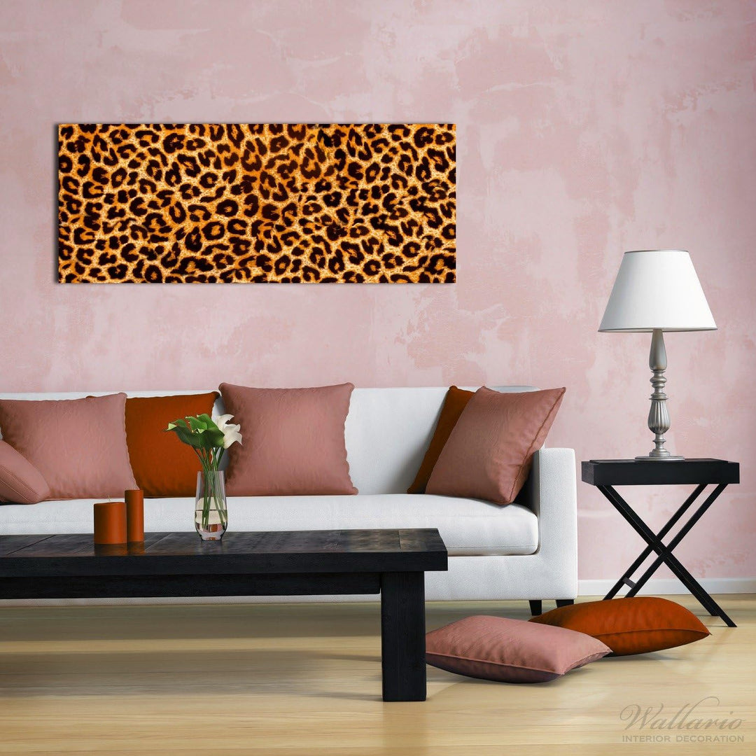Wallario Glasbild Leopardenmuster in orange schwarz - 50 x 125 cm Wandbilder Glas in Premium-Qualitä