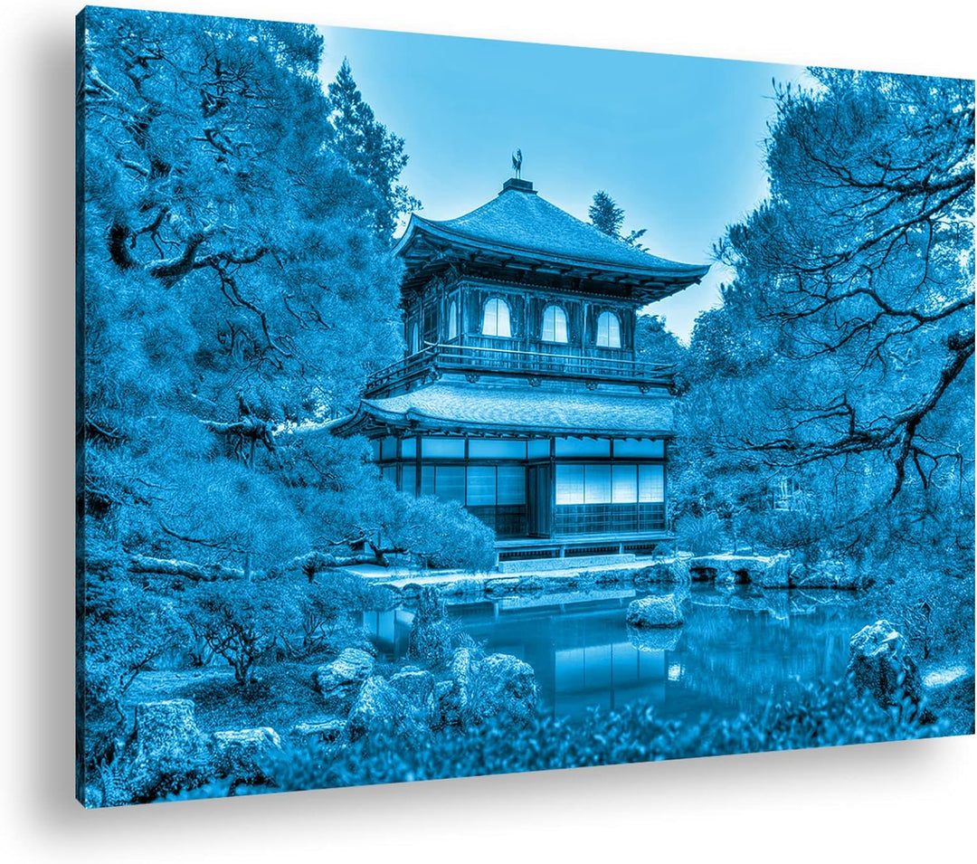 deyoli asiatisches Landhaus Format 100x70 Effekt: Monocrome Blau als Leinwandbild, Motiv fertig gera