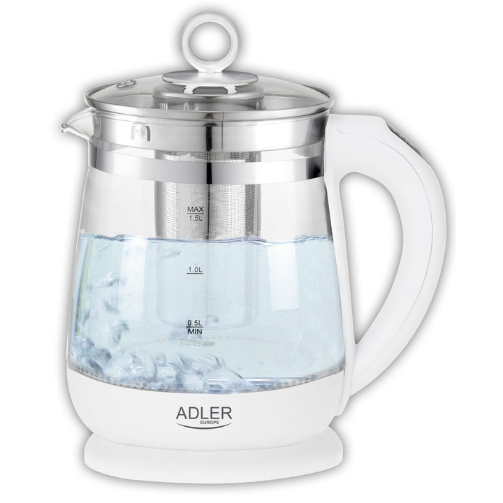 ADLER AD 1299 Elektrischer Wasserkocher aus Glas 1,5 Litern, Beleuchteter Innenraum, Teesieb, Temper