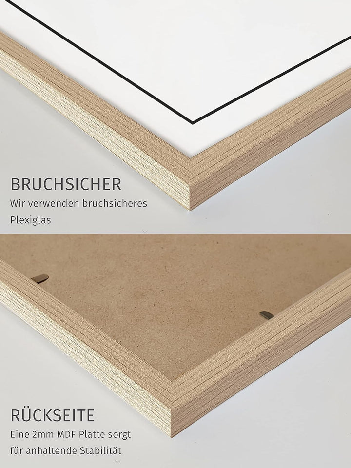 JUNOMI® Bilderrahmen DIN A2 Holz | Farbe Eiche | Bilderrahmen 42 x 59,4 cm Eiche mit bruchsicherem A