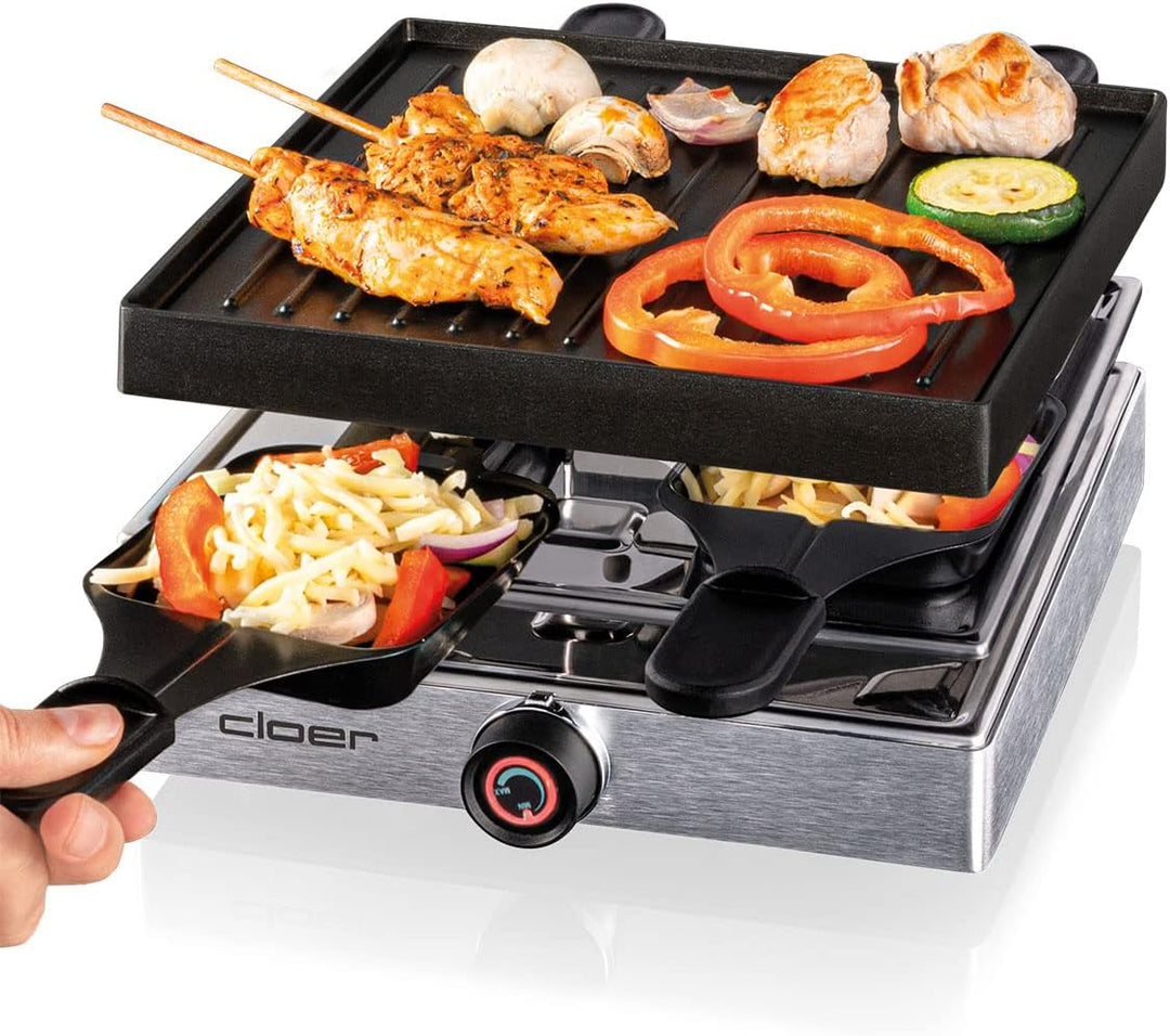 Cloer 6454 Raclettegrill mit Aluminium-Druckguss Platte, 750 W, 4 antihaftbeschichtete Raclettepfänn
