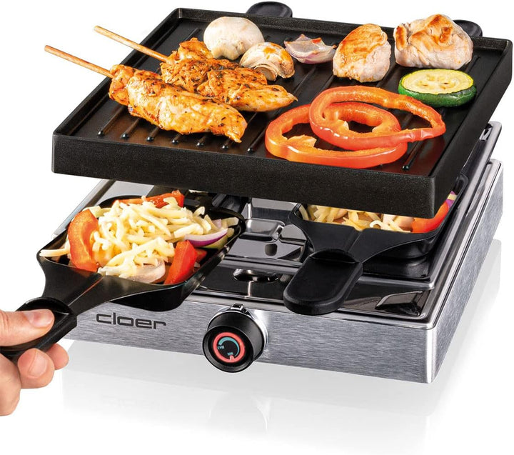 Cloer 6454 Raclettegrill mit Aluminium-Druckguss Platte, 750 W, 4 antihaftbeschichtete Raclettepfänn