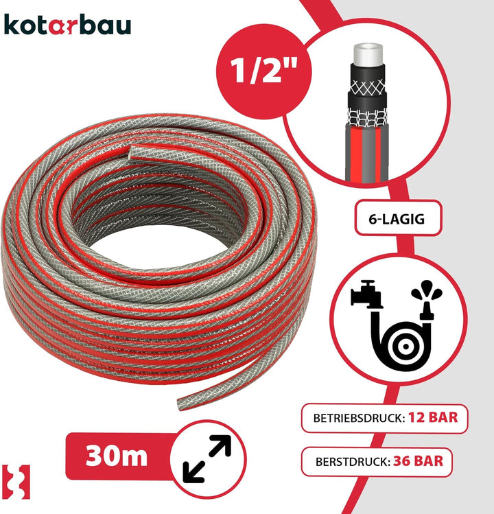 KOTARBAU® Gartenschlauch 1/2" 30m 6-lagig Grau Professionell zum Giessen von Pflanzen, 1/2" 30m