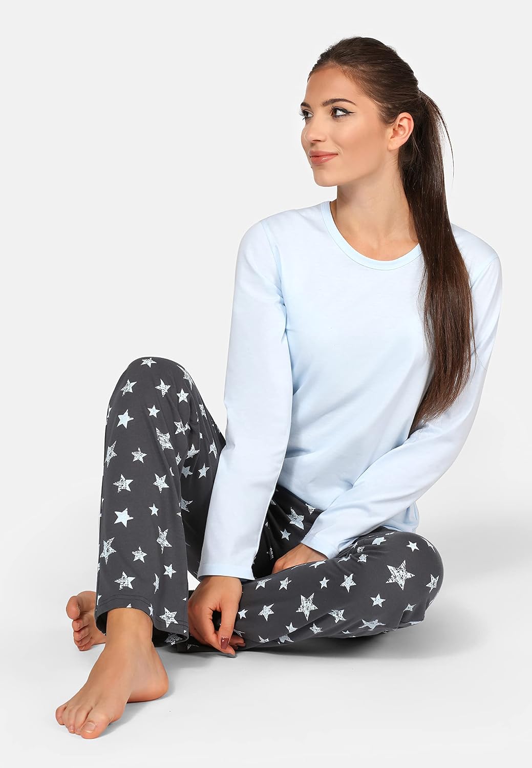 Bellivalini Damen Schlafanzug lang Pyjama Langarm Lange Hose Muster Sterne BLV50-167 M Blau Graphite