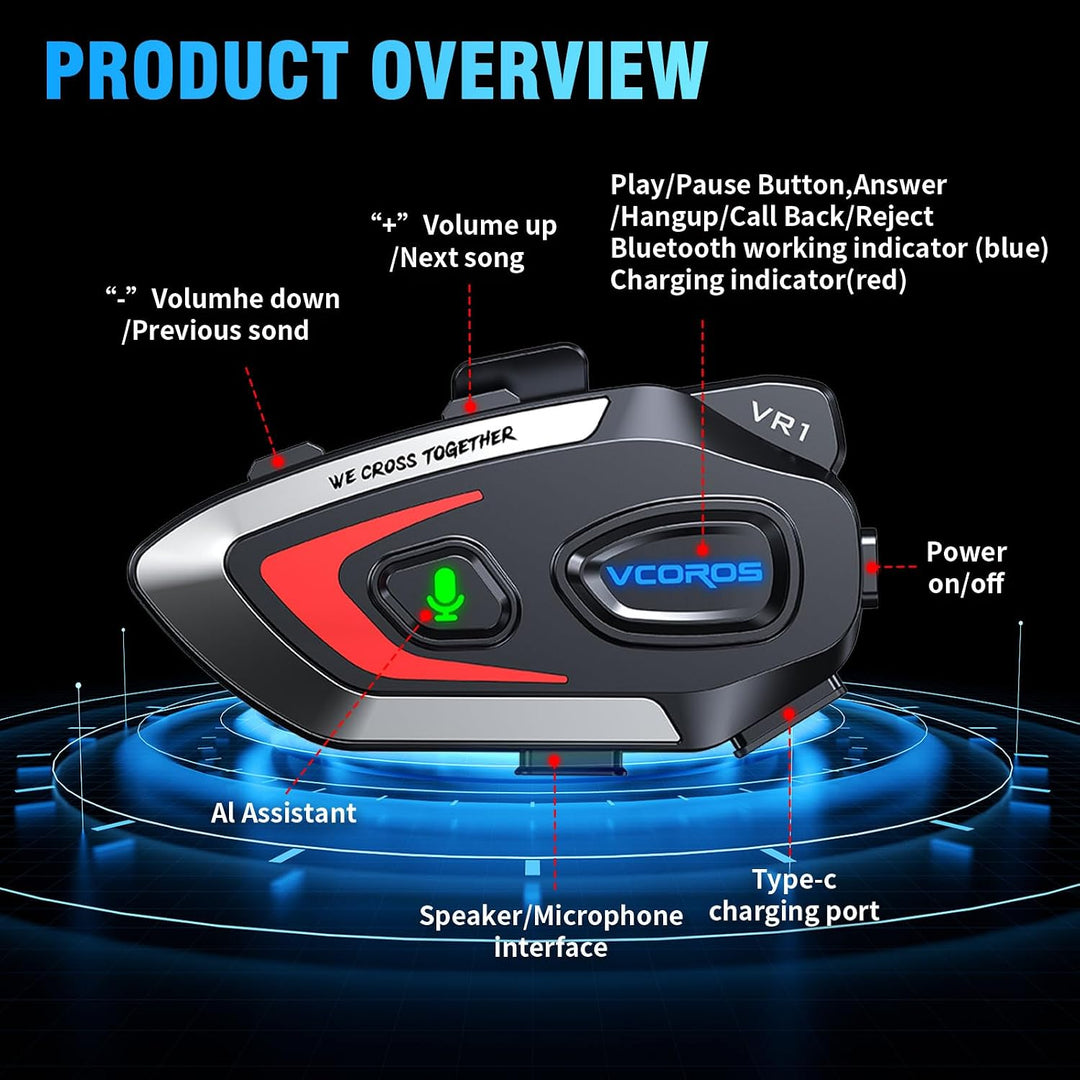 Motorrad Headset VR1,Motorrad Kopfhörer für eine Person,Motorrad Headset Bluetooth,Wasserdicht IPX6,