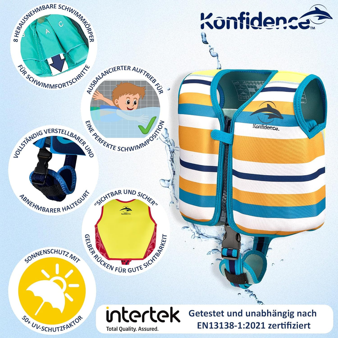 Konfidence Schwimmweste – Premium-Schwimmjacke mit abnehmbarem Sicherheitsgurt für Kinder | Einstell