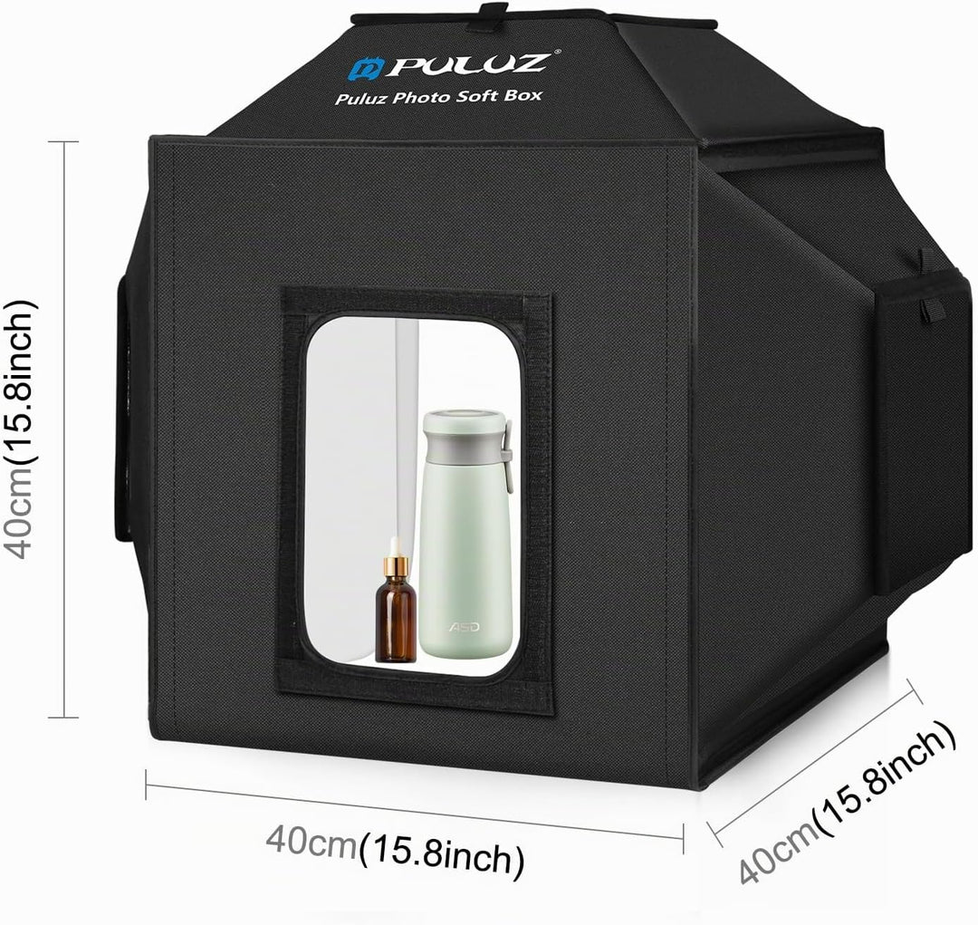 PULUZ 40 cm Fotobox Softbox 40x40cm Fotostudio Lichtzelt mit 5500K Beleuchtung &amp; 4 Farben Hintergrün