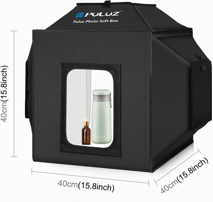 PULUZ 40 cm Fotobox Softbox 40x40cm Fotostudio Lichtzelt mit 5500K Beleuchtung &amp; 4 Farben Hintergrün