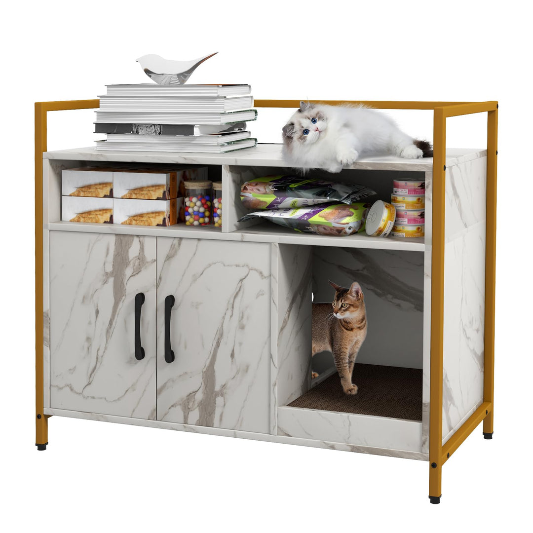 GOPLUS Katzenschrank, Katzentoilette mit Doppeltüren & stabilem Metallrahmen & Kratzbrett & 2 Fächer