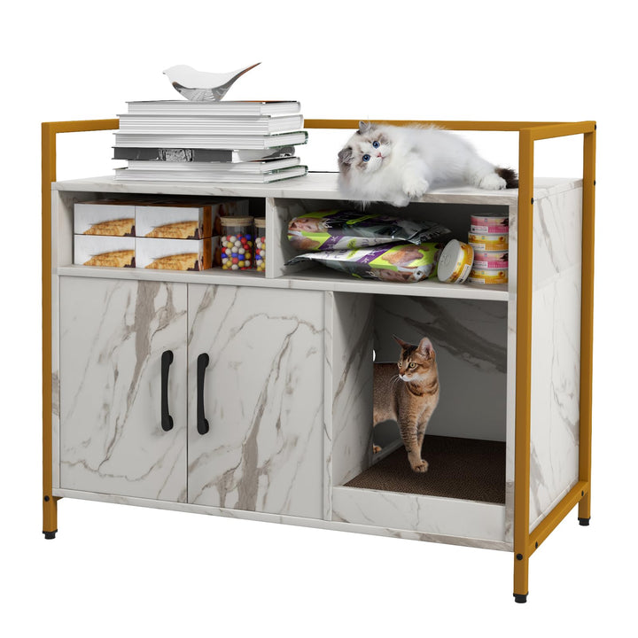 GOPLUS Katzenschrank, Katzentoilette mit Doppeltüren & stabilem Metallrahmen & Kratzbrett & 2 Fächer