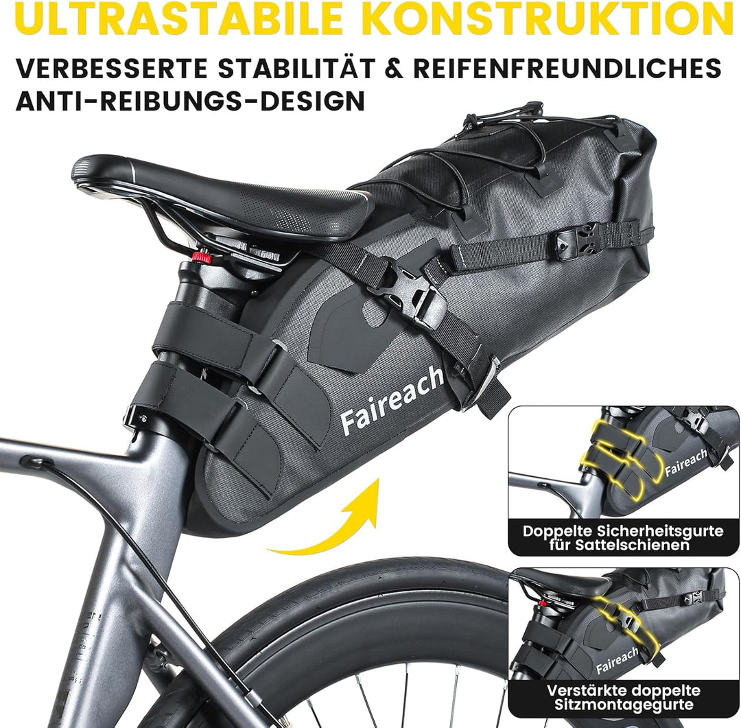 Bikepacking Satteltasche, 10 Liter Aufbewahrungstasche, 100% Wasserdicht Fahrrad Satteltasche aus TP