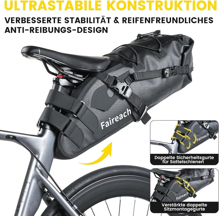Bikepacking Satteltasche, 10 Liter Aufbewahrungstasche, 100% Wasserdicht Fahrrad Satteltasche aus TP