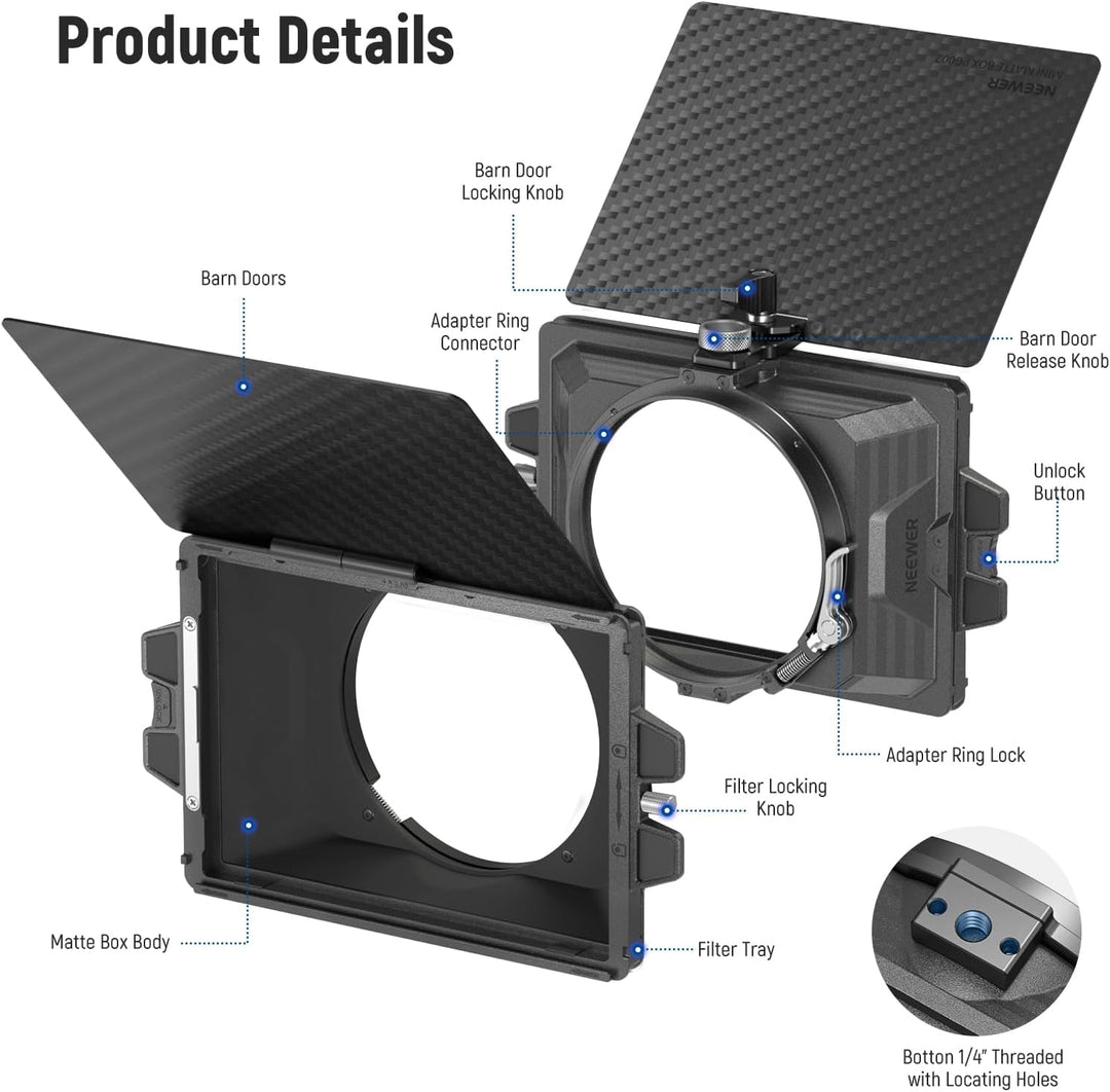 NEEWER Mini Matte Box mit einem 4" x5,65 Filterfach, Kohlefaser Flagge, 4 kreisförmigen Objektivring