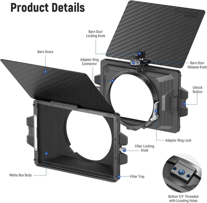 NEEWER Mini Matte Box mit einem 4" x5,65 Filterfach, Kohlefaser Flagge, 4 kreisförmigen Objektivring