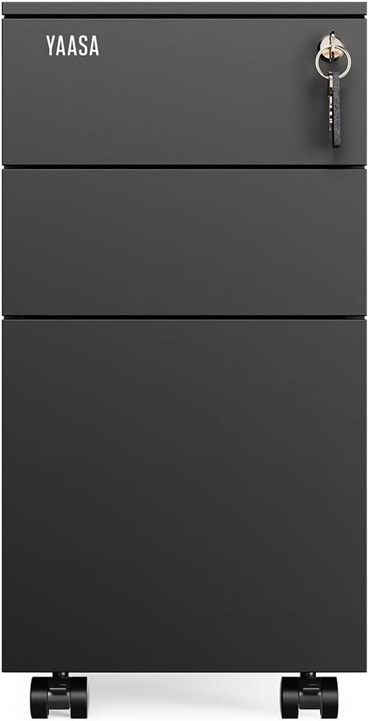 Yaasa File Cabinet Edged Kompakt Schwarz - Rollcontainer aus Stahl, Aktenschrank mit 3 verschliessba
