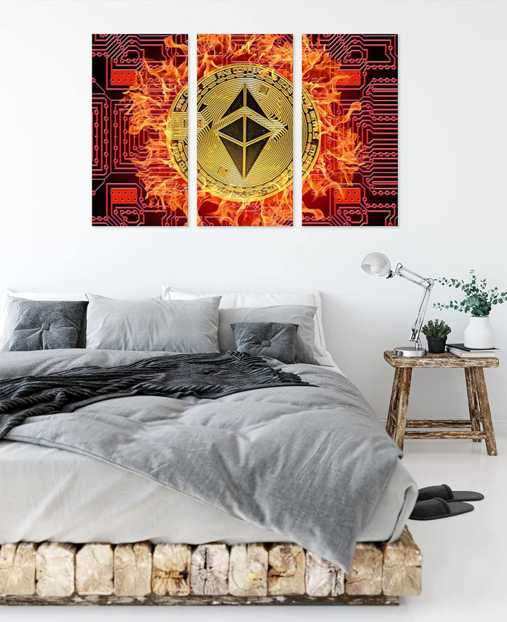 Bitcoin BTC mit Flammenals Leinwandbild 3 teilig | Grösse: 120x80 cm | Wandbild | Kunstdruck | ferti