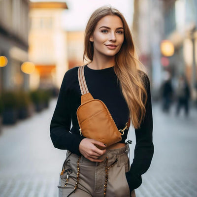 S-ZONE RFID-blockierende Damen-Umhängetasche, Leder, klein, Brustrucksack, Rucksack Braun, Braun