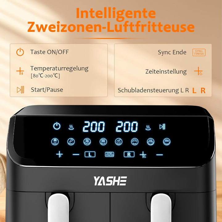 YASHE Dual Zone Heissluftfritteuse, 9L XL Kapazität Doppel-Airfryer mit Digital Control, 8-in-1 Koch