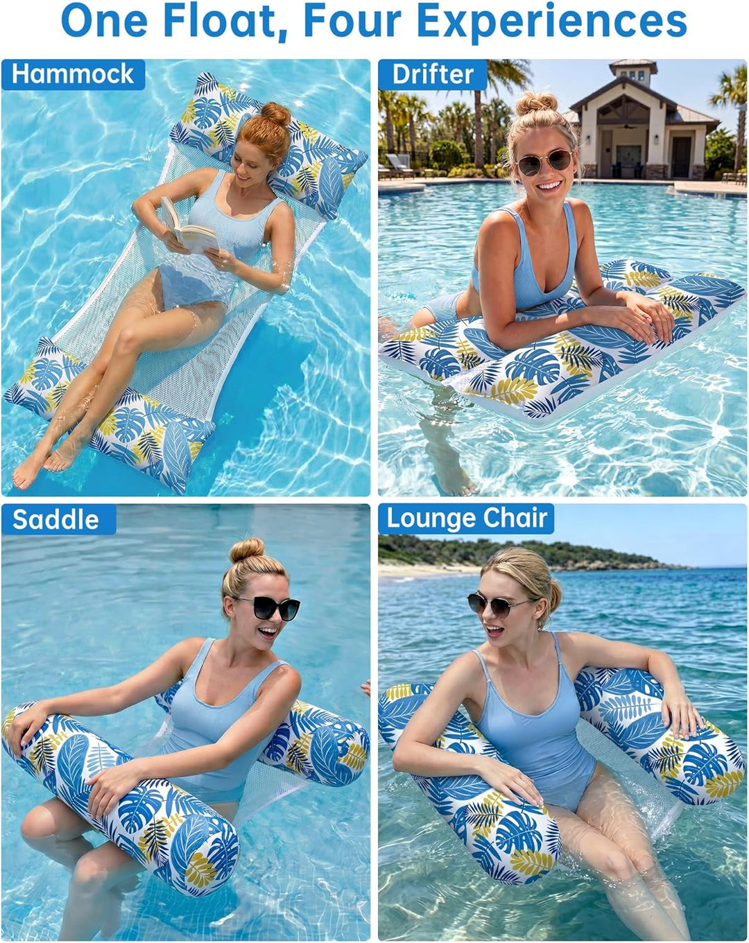 2 Stück Luftmatratze Pool XL - 4 in 1 Wasserhängematte mit Kopfstütze - Aufblasbare Luftmatratze Was