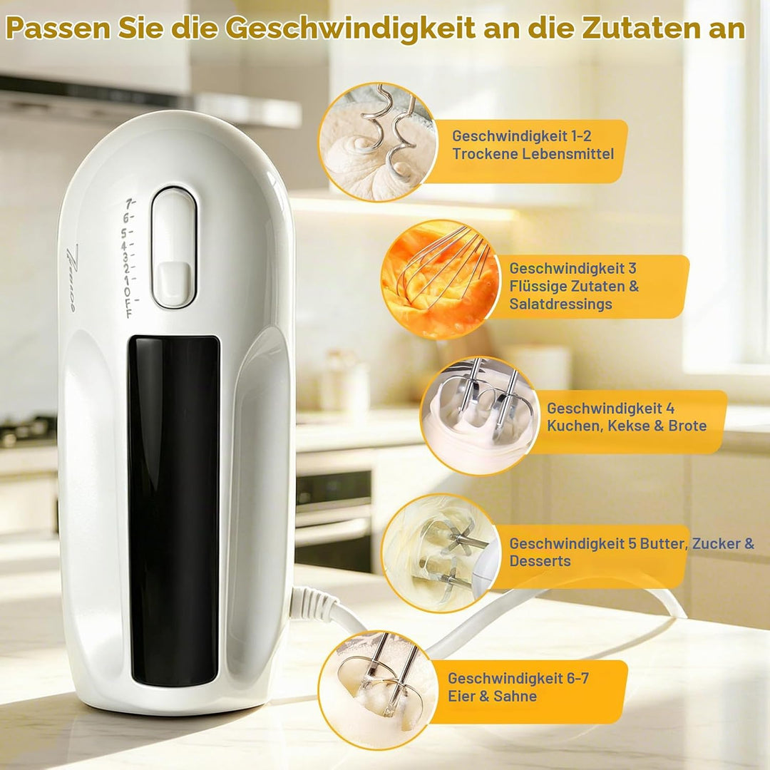 Handmixer Elektrisch 300W mit 7 Geschwindigkeiten, Ergonomischer Griff, Handrührgerät inkl. 2 Rührbe