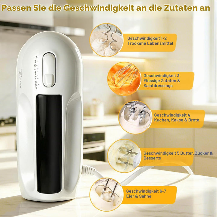 Handmixer Elektrisch 300W mit 7 Geschwindigkeiten, Ergonomischer Griff, Handrührgerät inkl. 2 Rührbe