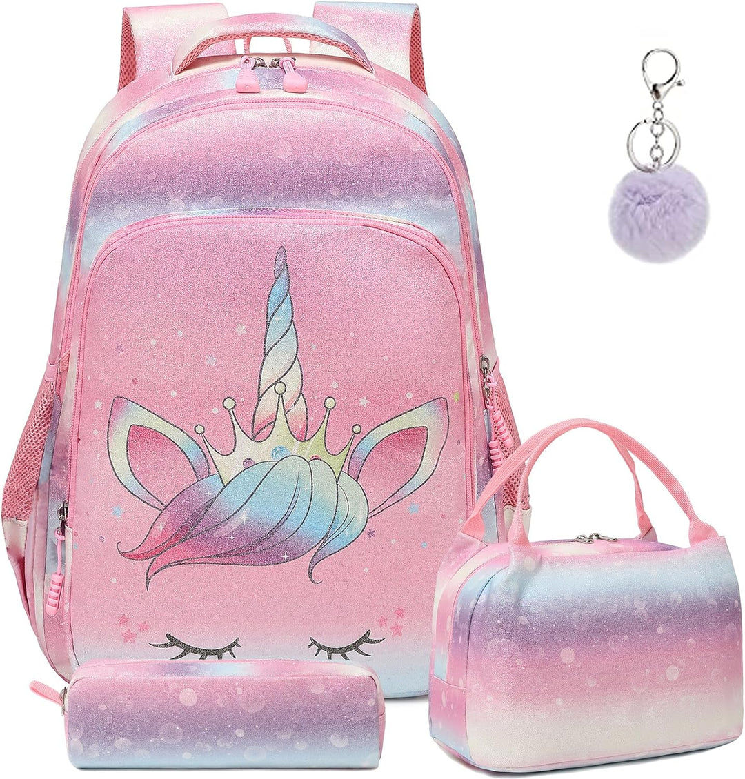 Kimwadalh Mädchen Schulrucksack 3 Teilig Schultasche Glitzer Rucksack Schulranzen Set Mädchen Jungen