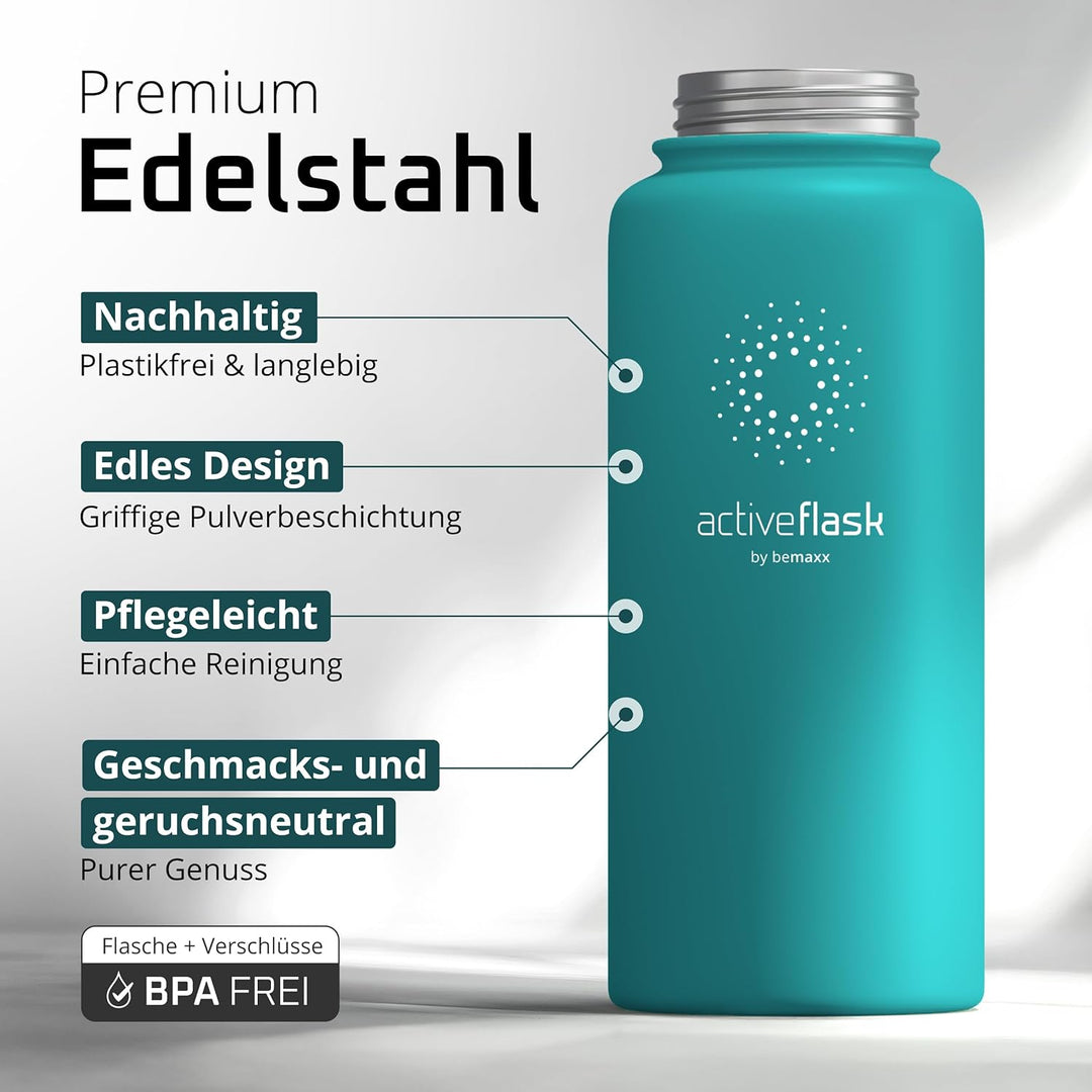 Trinkflasche Edelstahl ACTIVE FLASK + Strohhalm (3 Deckel) BPA-frei, Auslaufsicher, Kohlensäure geei