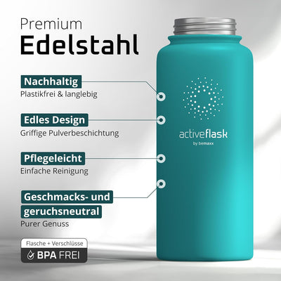 Trinkflasche Edelstahl ACTIVE FLASK + Strohhalm (3 Deckel) BPA-frei, Auslaufsicher, Kohlensäure geei