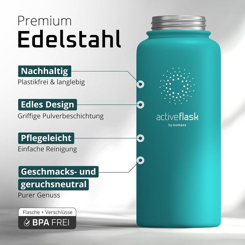 Trinkflasche Edelstahl ACTIVE FLASK + Strohhalm (3 Deckel) BPA-frei, Auslaufsicher, Kohlensäure geei