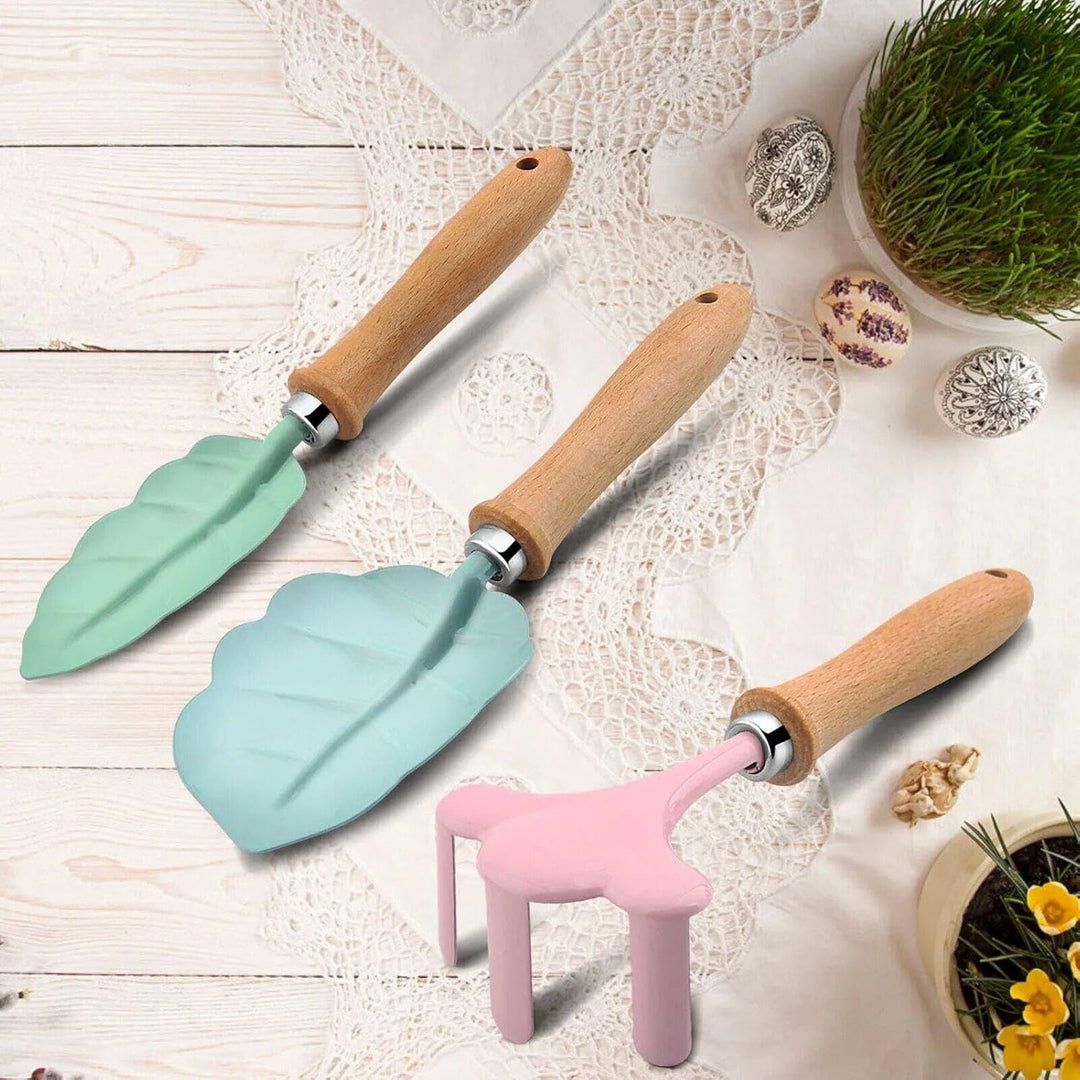 Kinder-gartengeräte-Set, 3-teilig, Gartenschaufel, Rechen, Gabel Stabilem Holzgriff, Mini-gartengerä