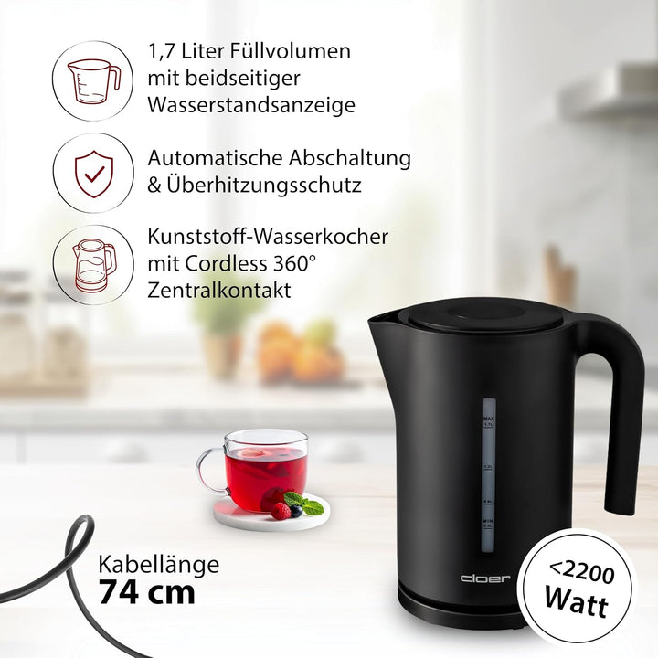 Cloer 4110 Wasserkocher, 2200 W, grosse Wasserstandsanzeige, Kalkfilter, Trockengeh- und Überhitzung