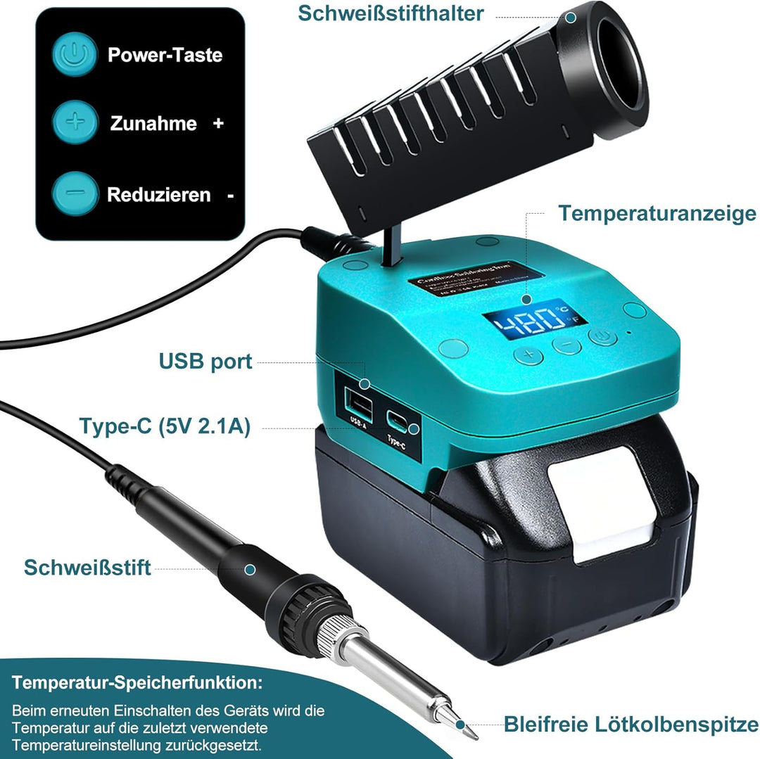 Akku Lötkolben Set kompatibel mit Makita 18V Akku, tragbarer Lötkolben mit USB und Typ-C, einstellba